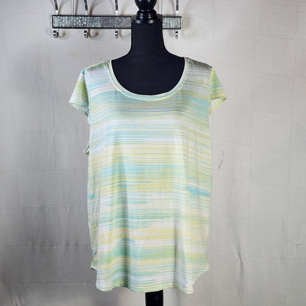 Emaline Woman Sea Green Yellow Sketch Stripe Poly Span Cap Sleeve Top Size 1X